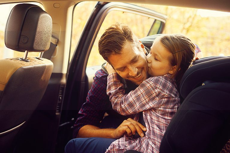 Car father. The car father. Father and girl with car. Daughter car. Daughter car lap.